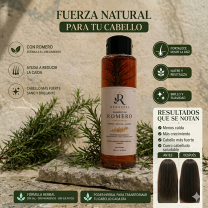 SHAMPOO DE ROMERO NATURAL RENACELL, FORTALECE TU RAÍZ Y DETÉN LA CAIDA DE TÚ CABELLO