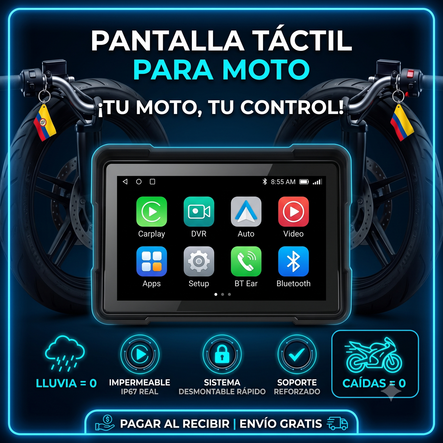PANTALLA TÁCTIL INTELIGENTE PARA MOTO (CARPLAY & ANDROID AUTO) - IMPERMEABLE Y ANTIRROBO