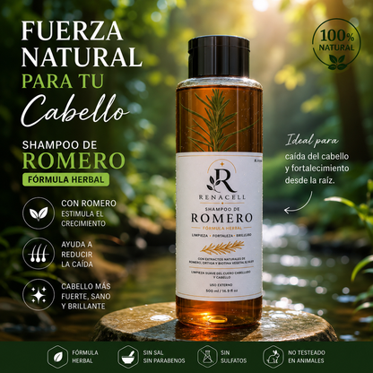 SHAMPOO DE ROMERO NATURAL RENACELL, FORTALECE TU RAÍZ Y DETÉN LA CAIDA DE TÚ CABELLO