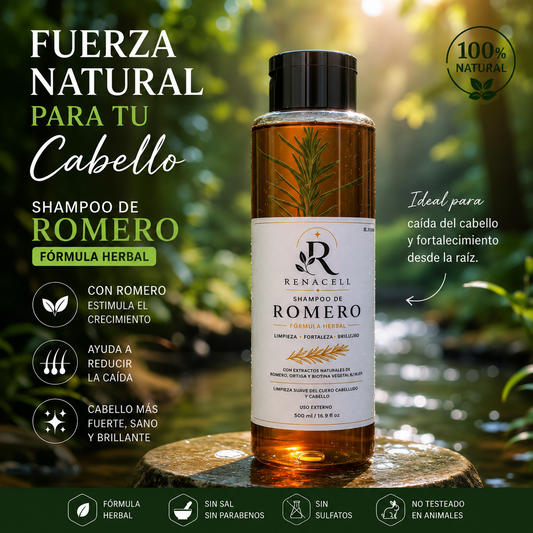 SHAMPOO DE ROMERO NATURAL RENACELL, FORTALECE TU RAÍZ Y DETÉN LA CAIDA DE TÚ CABELLO